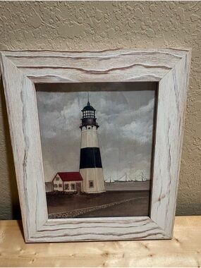 Coastal Lighthouse Wall Art in Whitewashed Wood Frame. Bodie Island